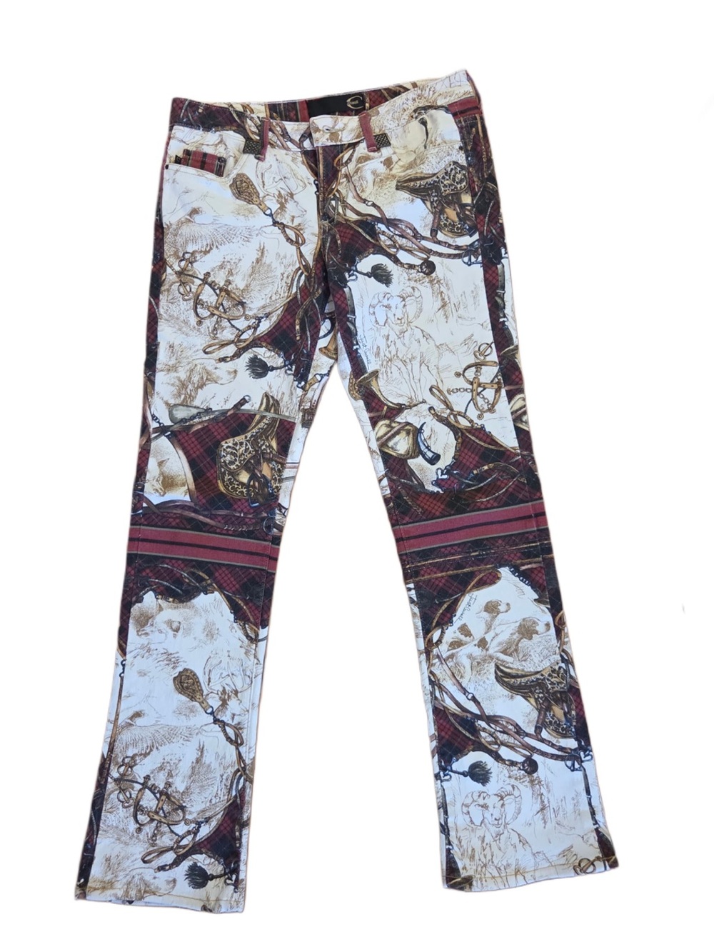Just Cavalli Printed Bootcut Pants in White, Brown, Burgundy